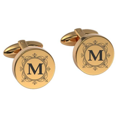 Decorated Round Initials Engraved Cufflinks in Gold