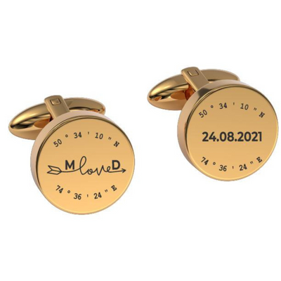 Latitude-Longitude Initials & Date Round Engraved Cufflinks in Gold