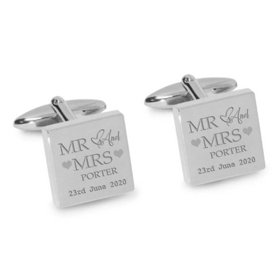 Mr Mrs Last Name Love Heart with Date Engraved Wedding Cufflinks in Silver