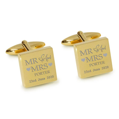 Mr Mrs Last Name Love Heart with Date Engraved Wedding Cufflinks in Gold