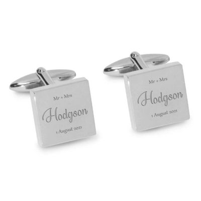 Mr Mrs Last Name with Date Engraved Wedding Cufflinks in Silver