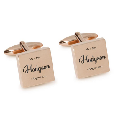 Mr Mrs Last Name with Date Engraved Wedding Cufflinks in Rose Gold
