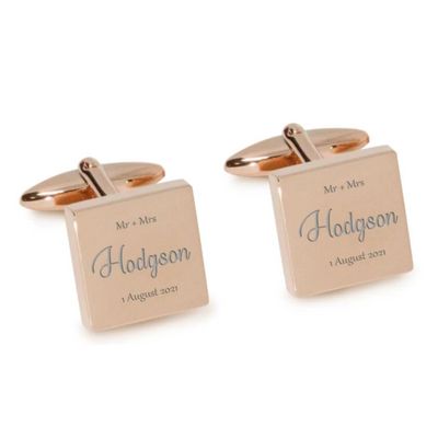 Mr Mrs Last Name with Date Engraved Wedding Cufflinks in Rose Gold