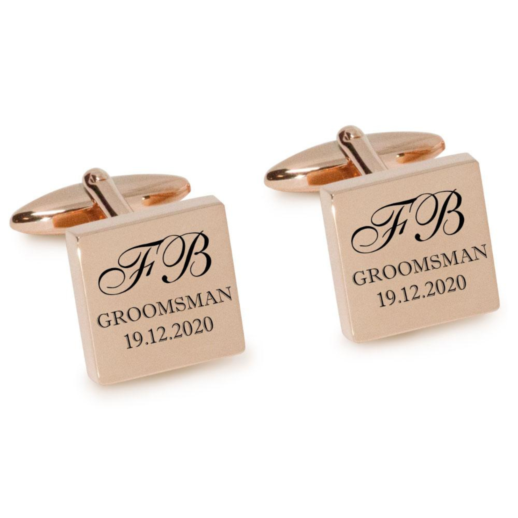Initials with Wedding Role + Date Engraved Cufflinks in Rose Gold