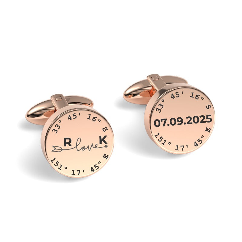 Latitude, Longitude, Initials & Date Round Engraved Cufflinks