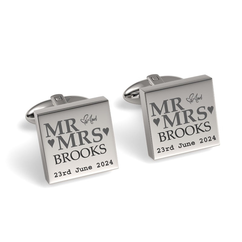 Mr & Mrs Last Name Love Heart with Date Engraved Wedding Cufflinks