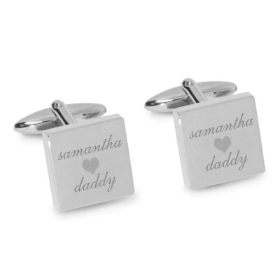 Name Love Heart Daddy Engraved Cufflinks in Silver