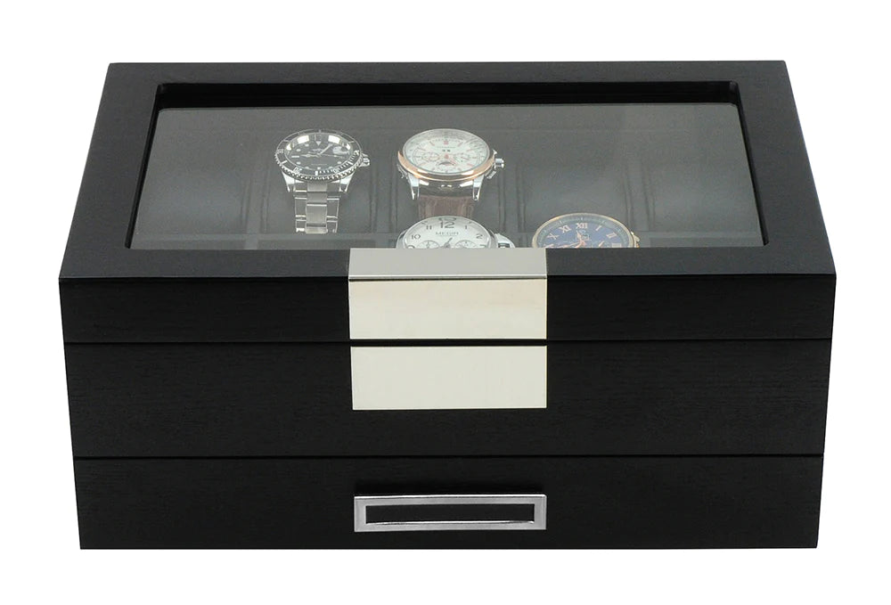 Black Wooden Watch Box for 10 Watches with a Drawer