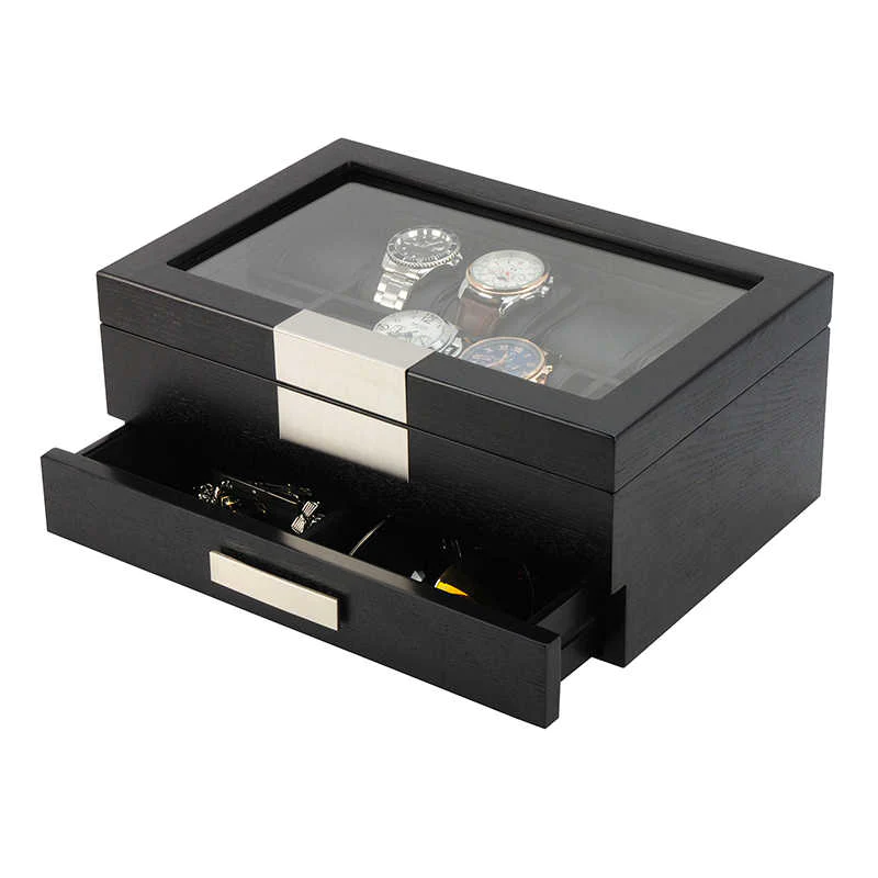 Seconds - Black Wooden Watch Box for 10 Watches with a Drawer (D)
