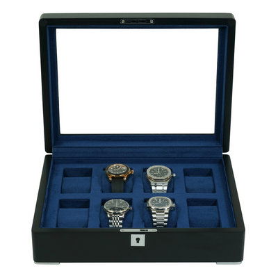 8 Slot Black Wooden Watch Box with Blue Interior