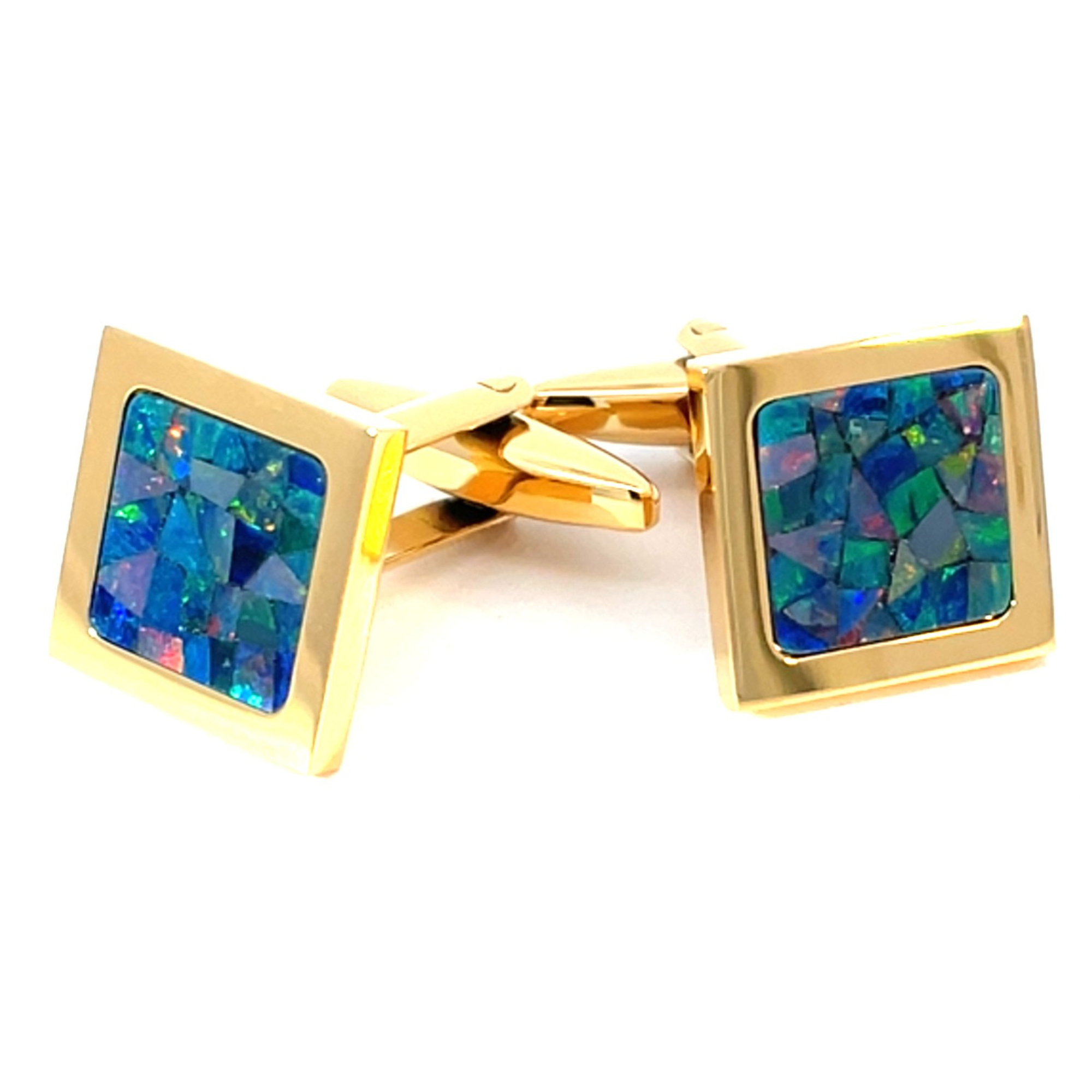 Australian Square Opal Cufflinks (Green Shiny Yellow Gold)