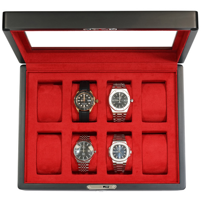 8 Slot Black Wooden Watch Box with Red Interior