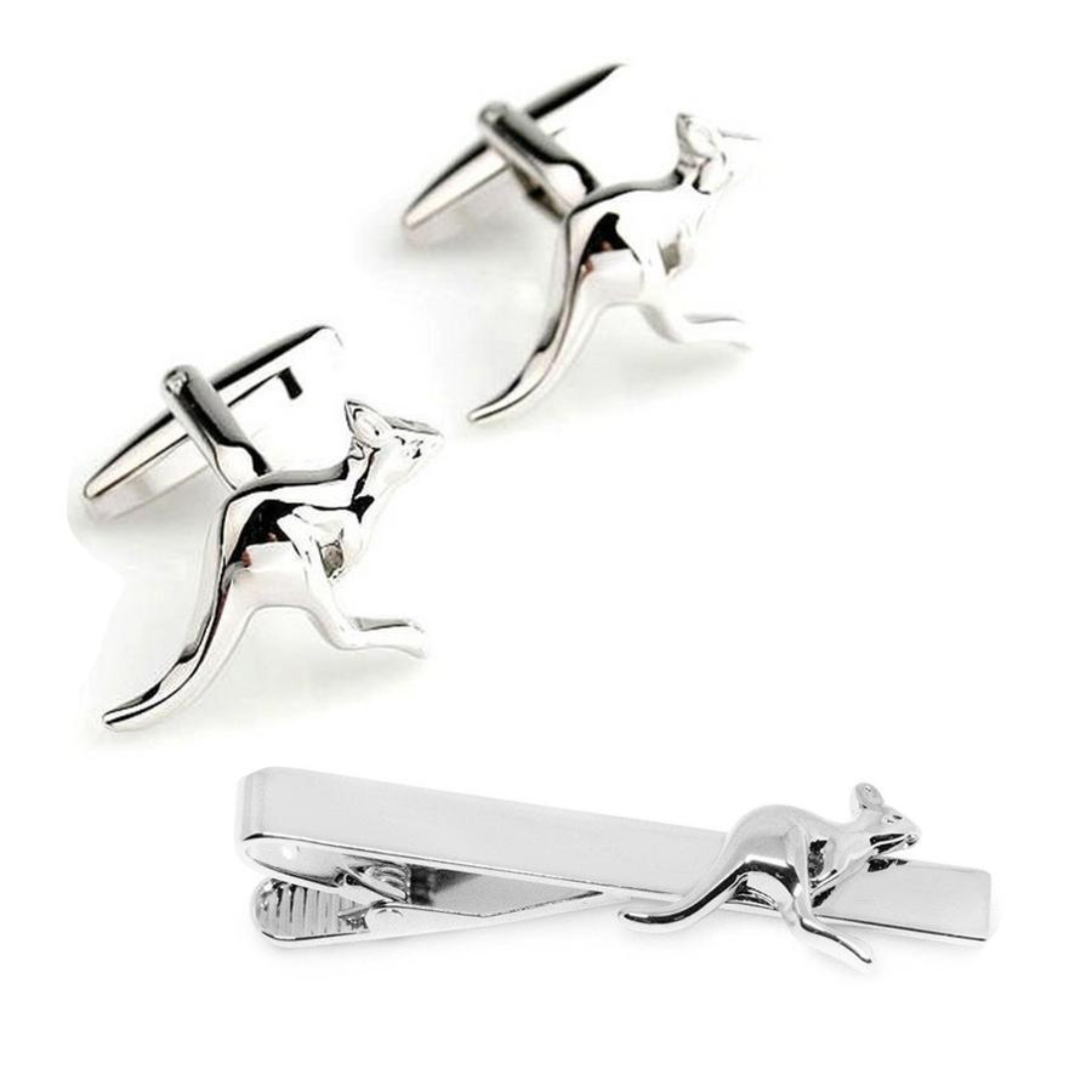 Kangaroo Silver Cufflinks & Tie Clip Set