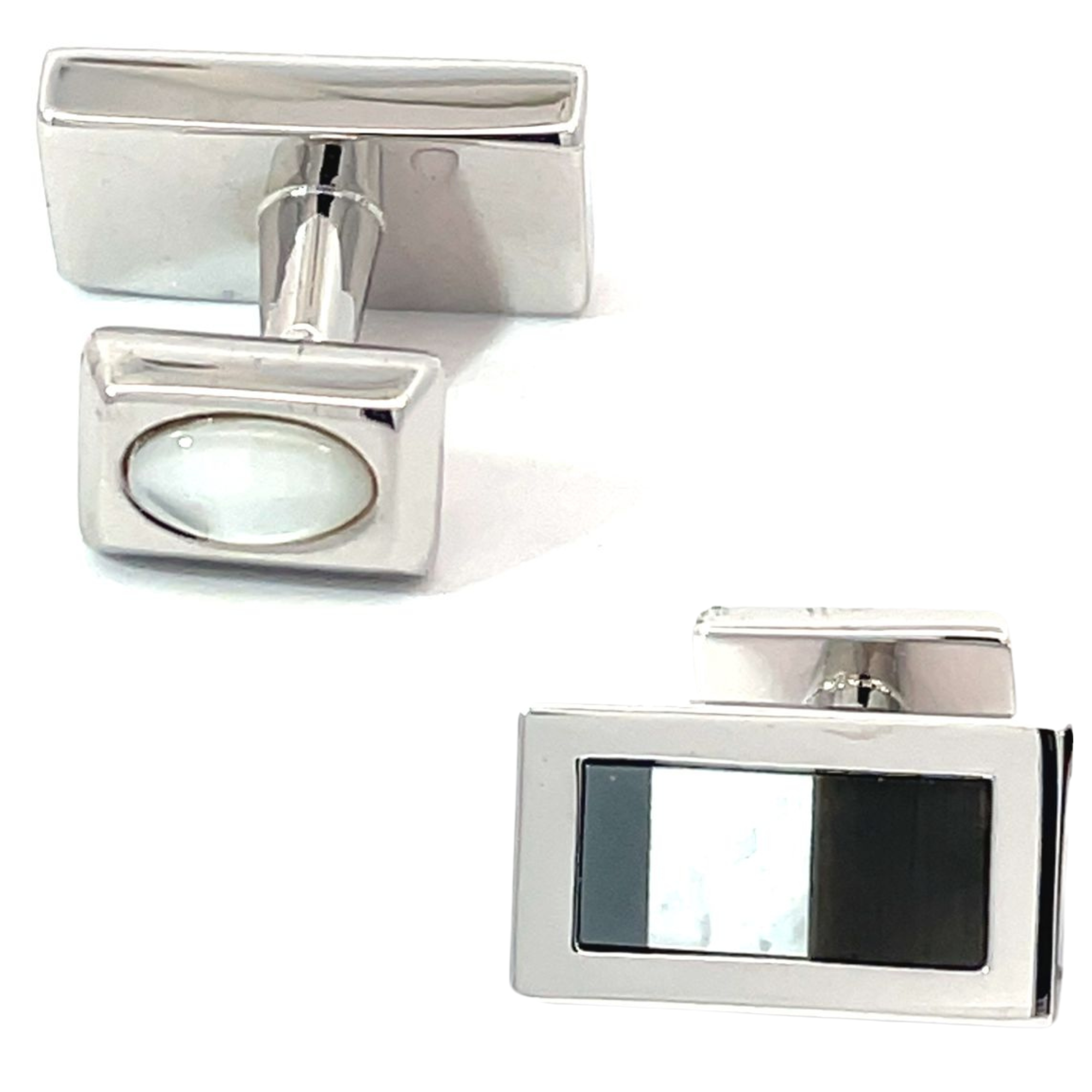 S221 Cufflink rectangular cufflinks feature one black glass inlay and one translucent white oval insert on the backing
