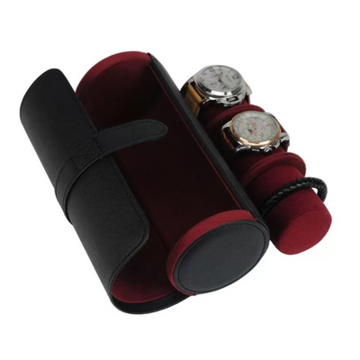 Watch Roll Case for 3 in Black Vegan Leather