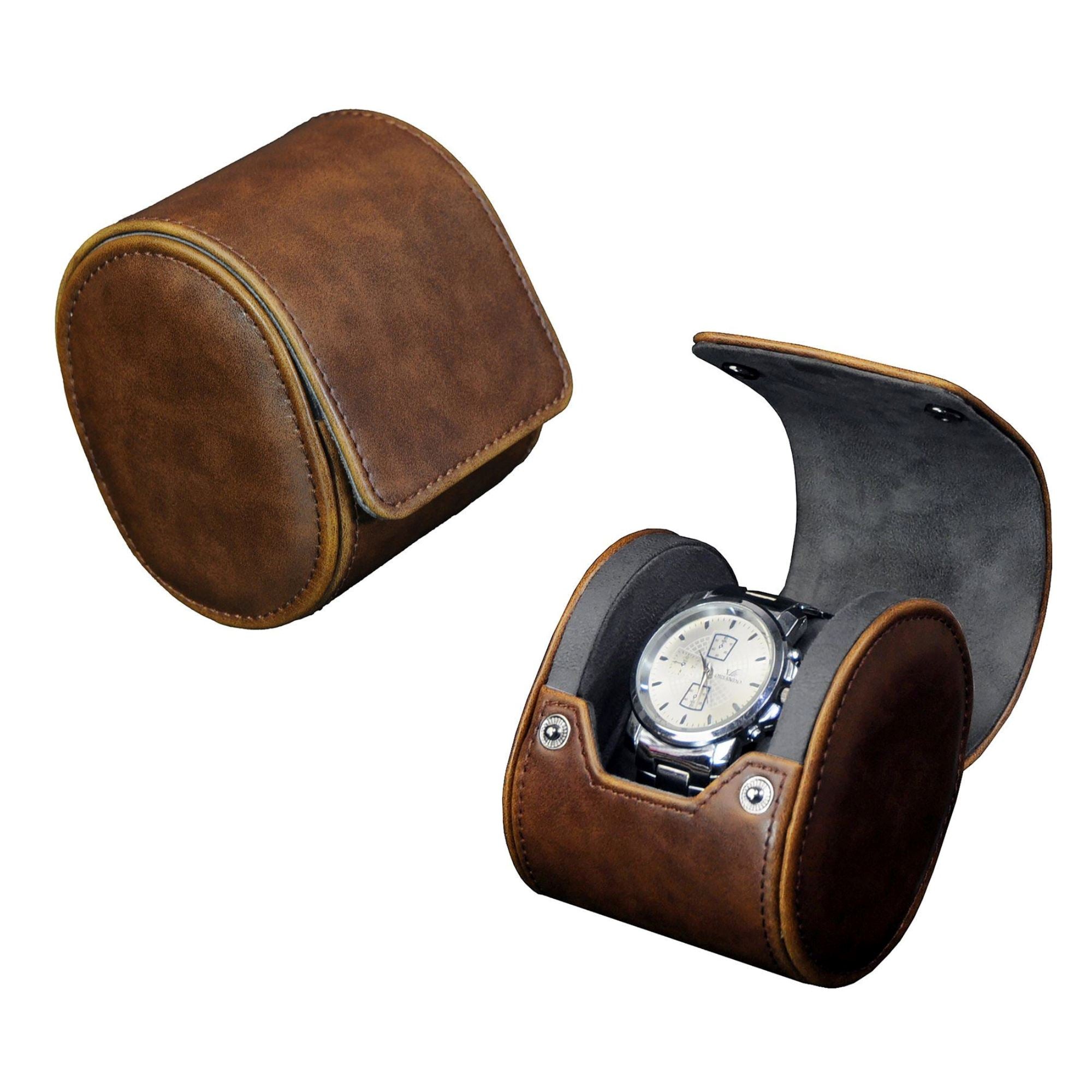 Travel Watch Roll Case for 1 in Brown Vegan Leather Watch Boxes Clinks 