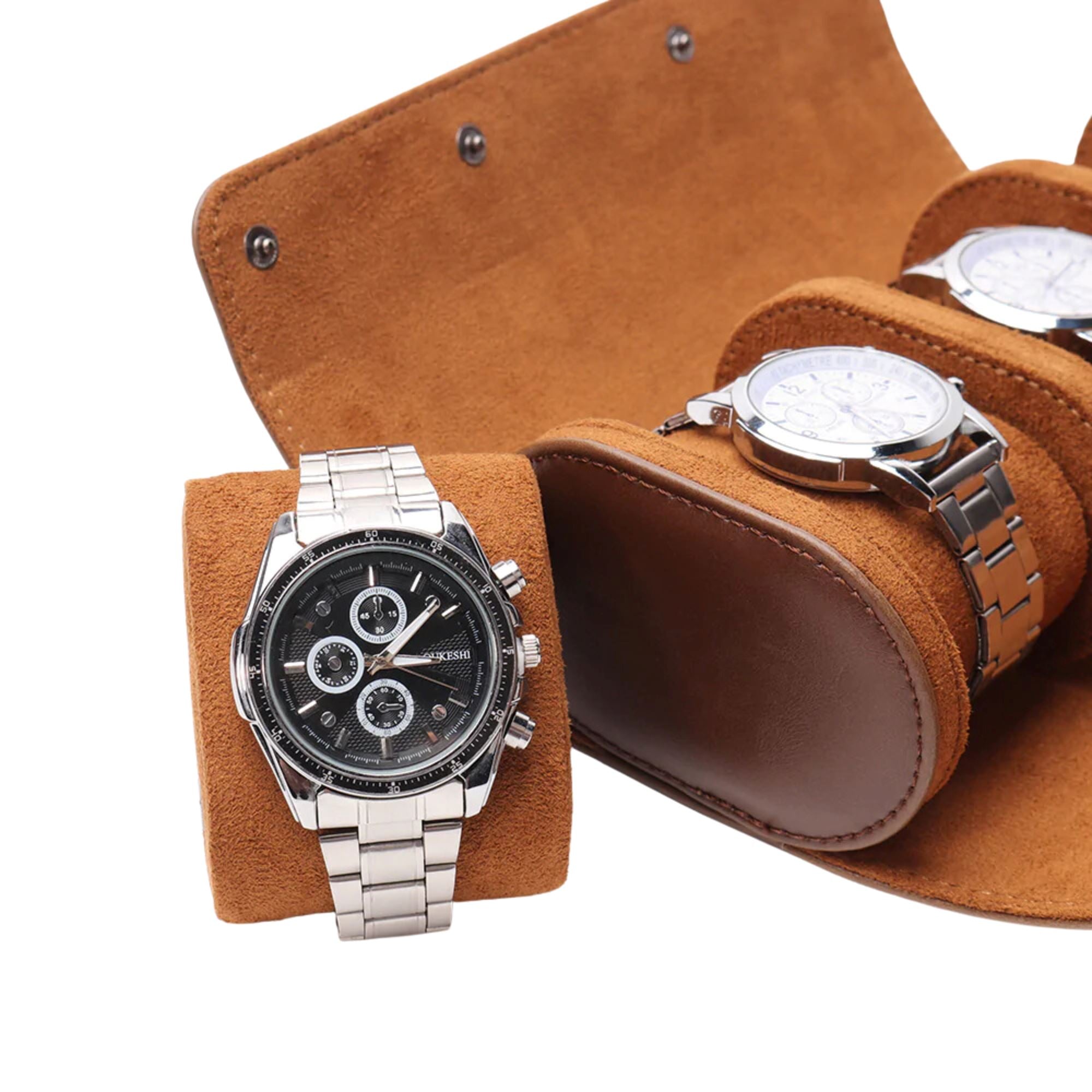 Watch Roll Case for 3 in Brown Vegan Leather Watch Boxes Clinks 