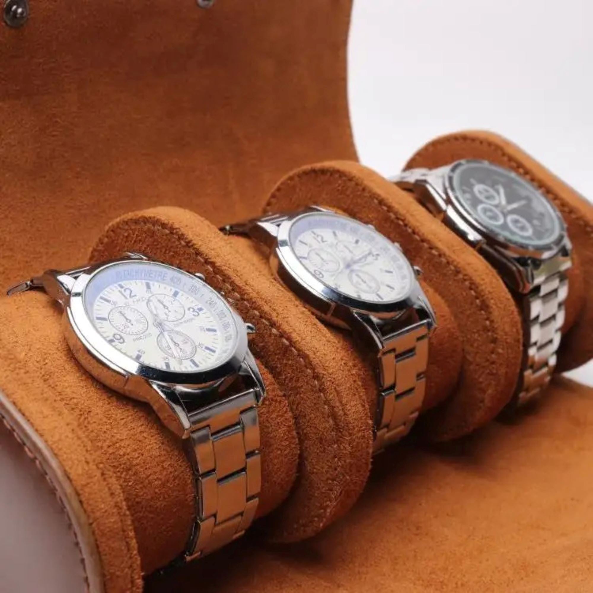 Watch Roll Case for 3 in Brown Vegan Leather Watch Boxes Clinks 