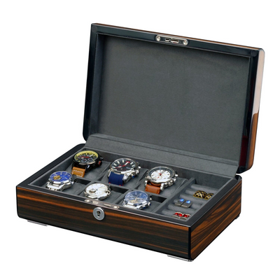 6 Slots Watch Box with Cufflinks Storage and Lock in Wooden Ebony