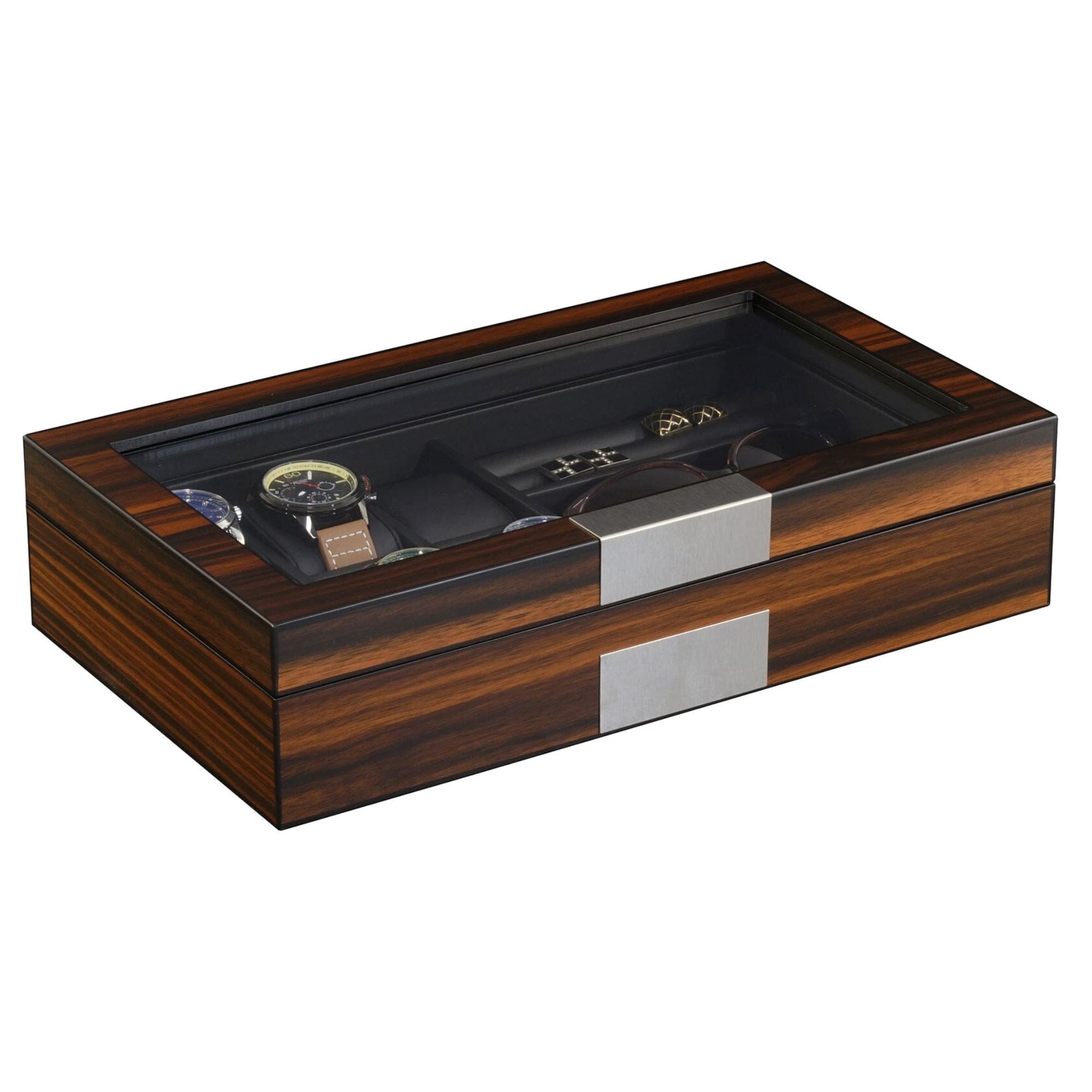 6 Slots Watch Box with Cufflinks and Sunglasses Storage in Ebony Wood Watch Boxes Clinks 