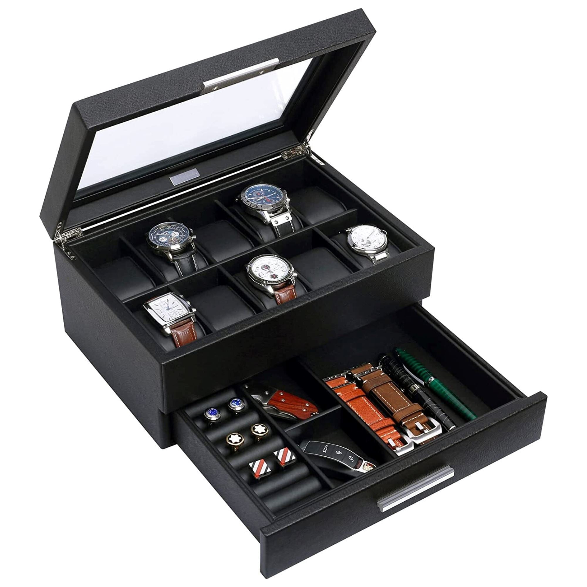 10 Slots Watch Box with Drawer in Black Watch Boxes Clinks 