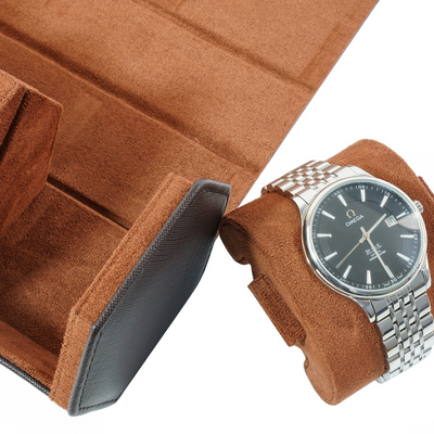 Watch Roll Case for 3 Watches in Dark Brown Vegan Leather