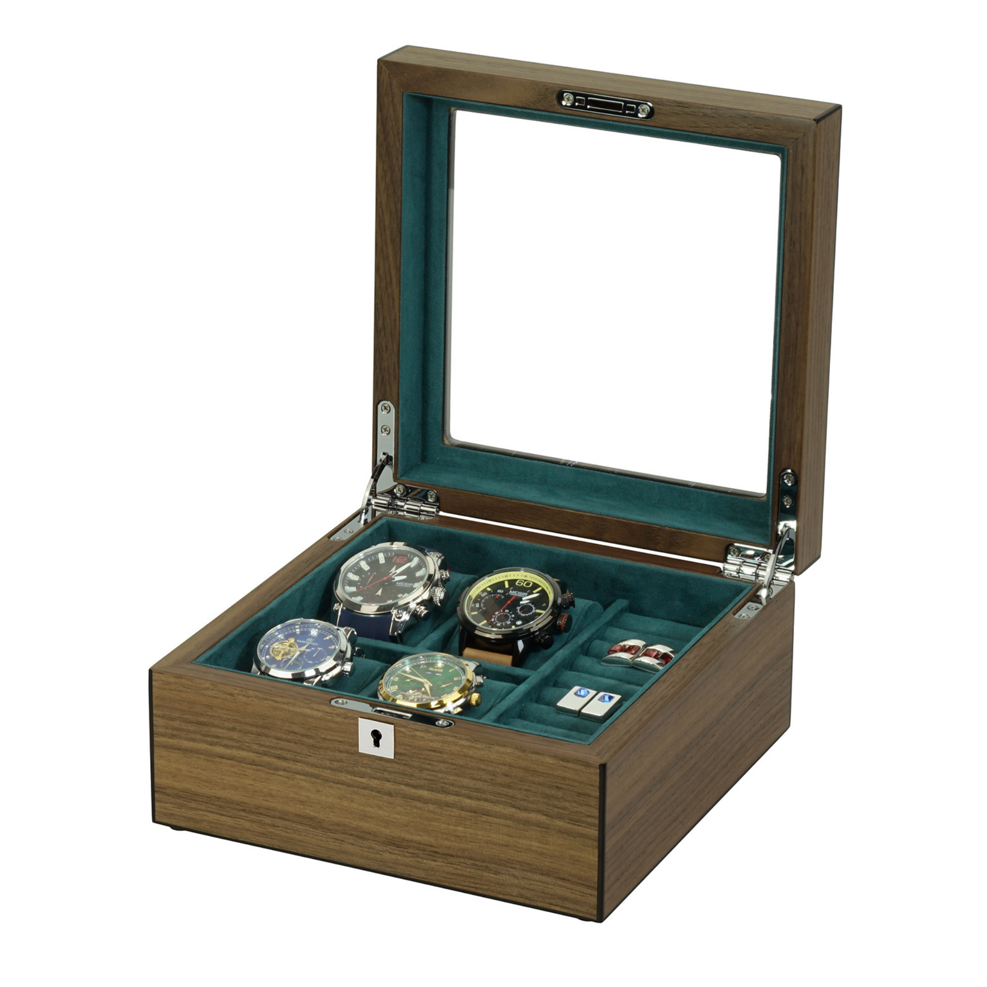 4 Slots Walnut Wooden Watch Box with Cufflinks Storage