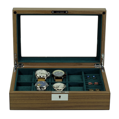 8 Slots Walnut Wooden Watch Box with Cufflinks Storage