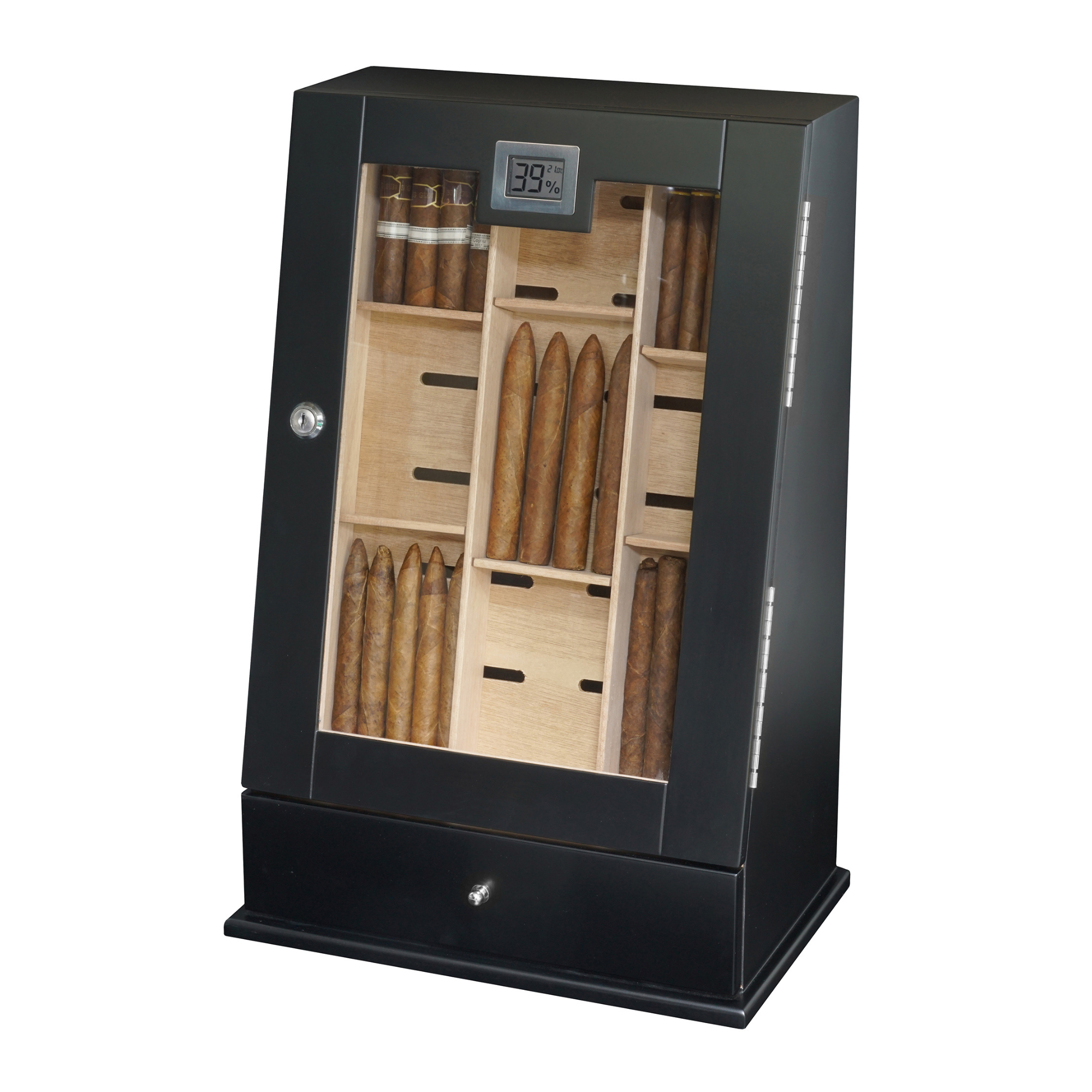 75-100 CT Black Wooden Wall-mounted Cigar Cabinet with Bevel design