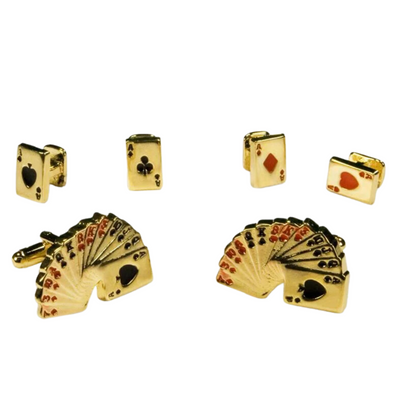 Casino Playing Cards Antiqued Gold Cufflinks and Stud Set