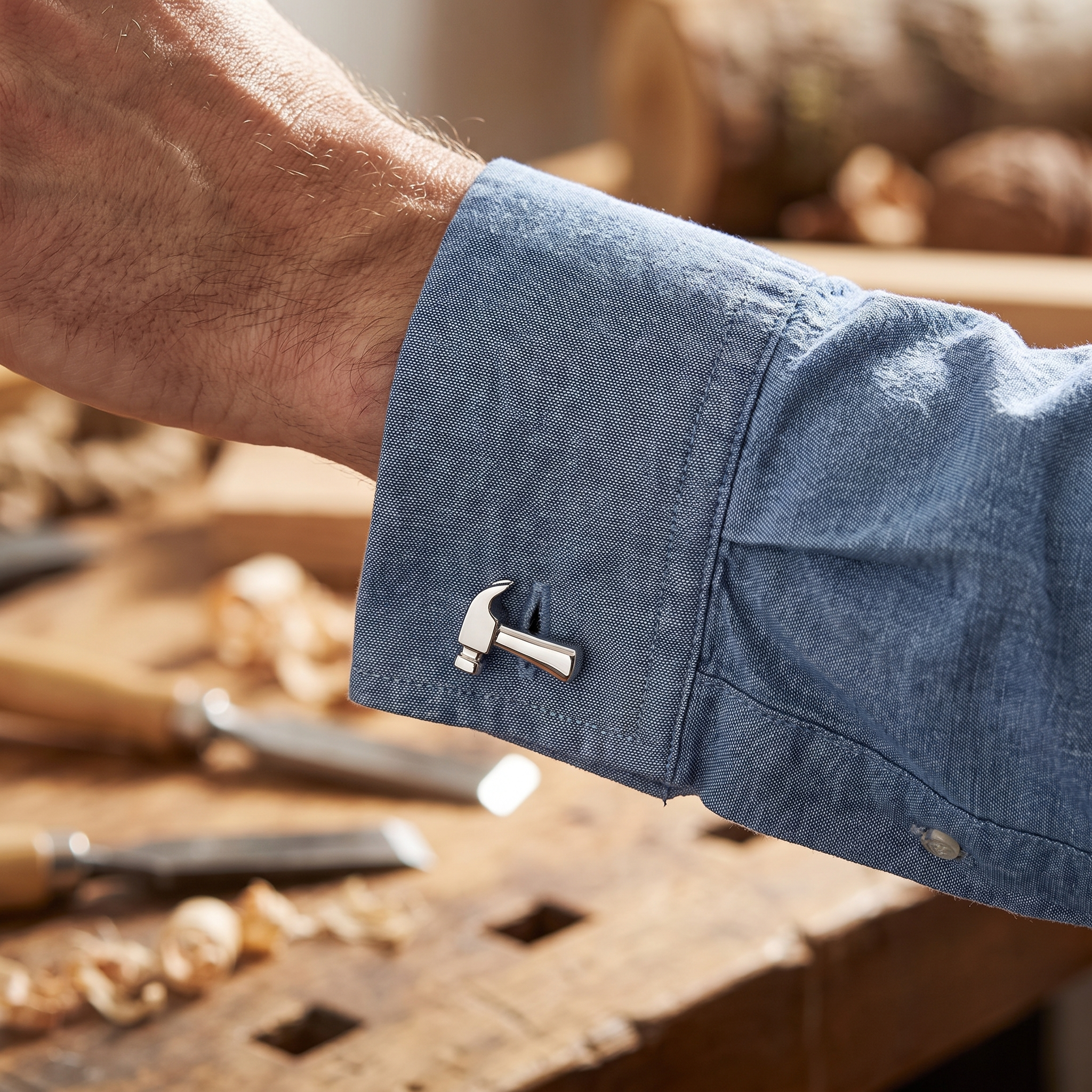 "Handyman" Silver Hammer & Saw Cufflinks — lifestyle shot