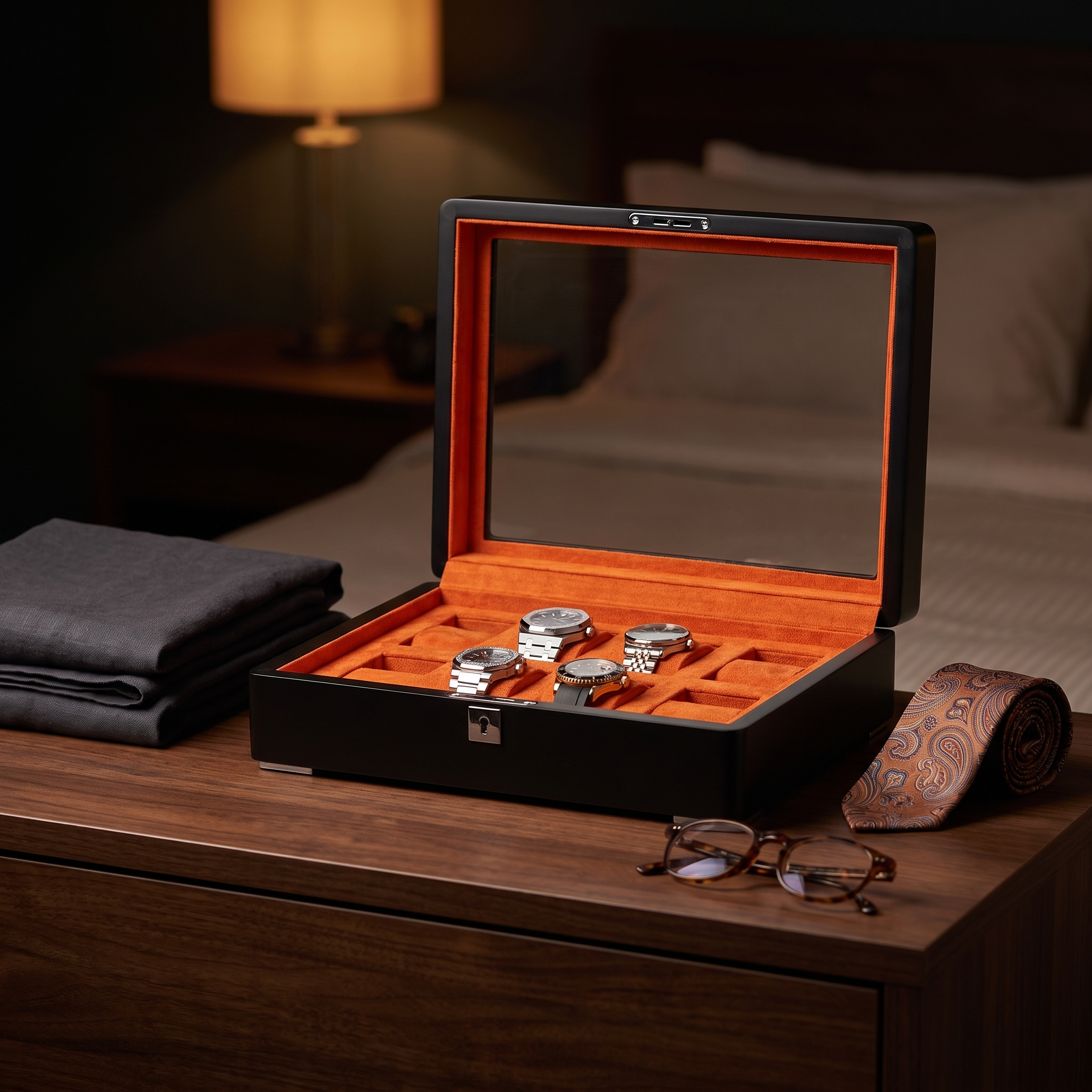 8 Slot Black Wooden Watch Box with Orange Interior — lifestyle shot