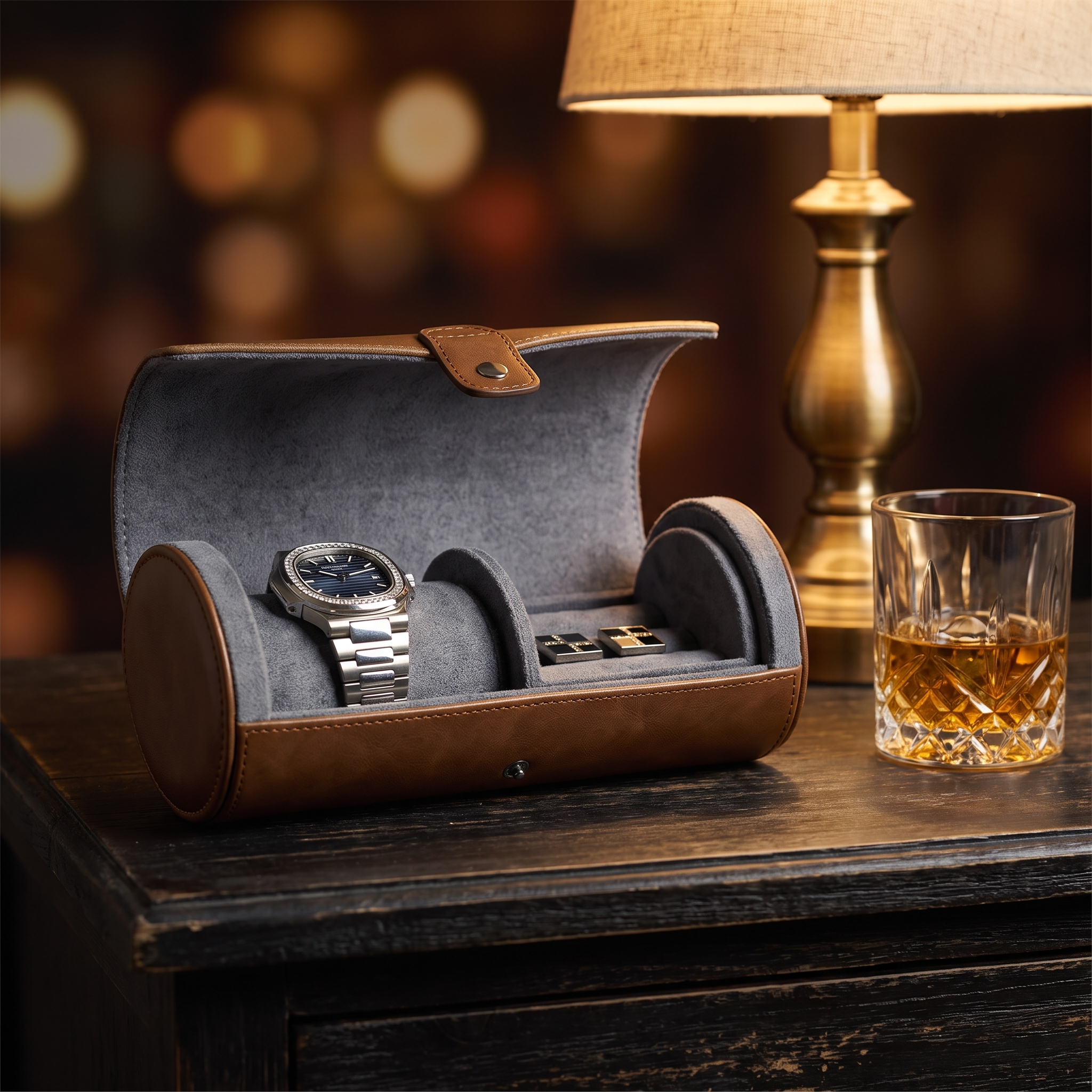 Brown Leather Travel Watch Roll Case — lifestyle shot