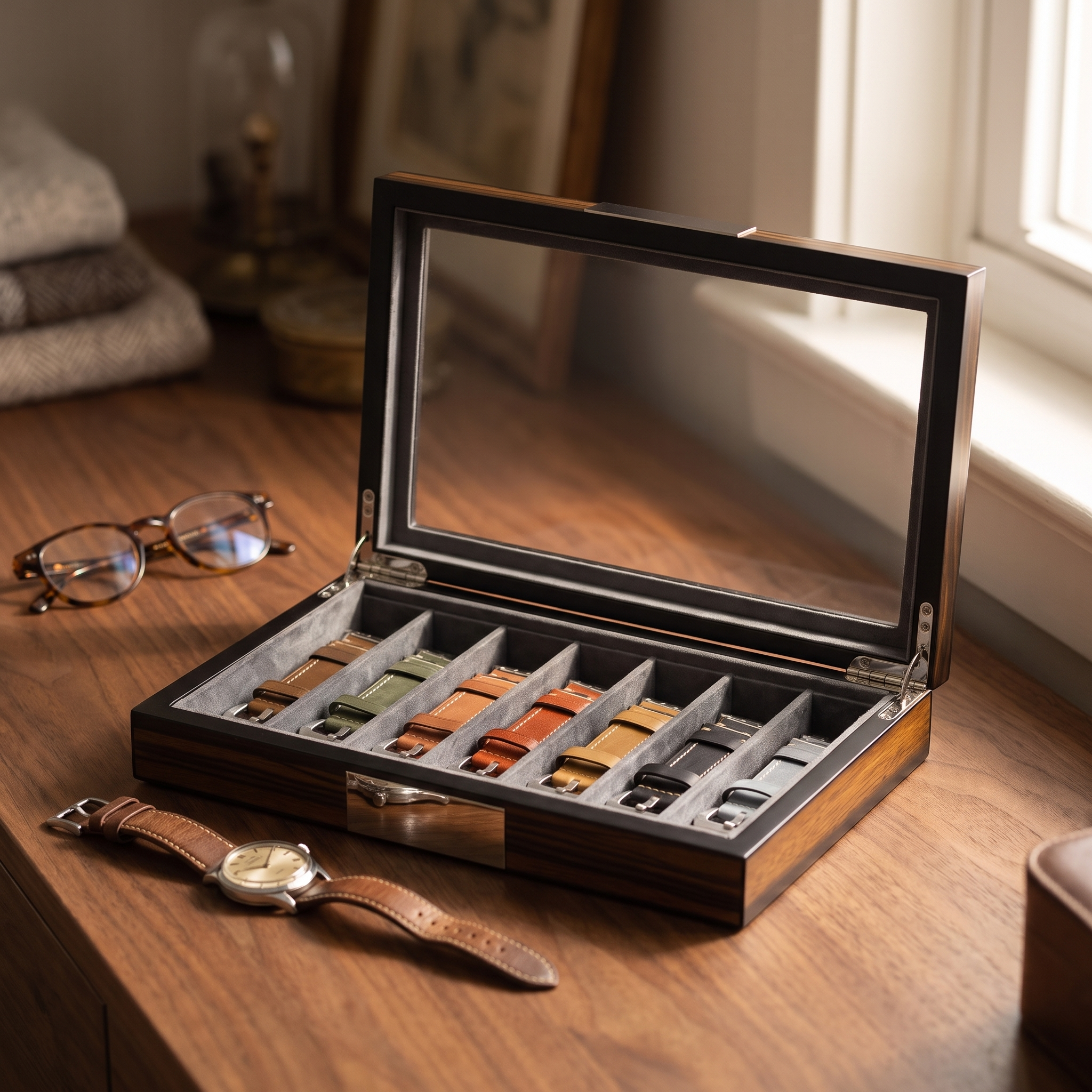 7 Slots Wooden Watch Straps Box — lifestyle shot