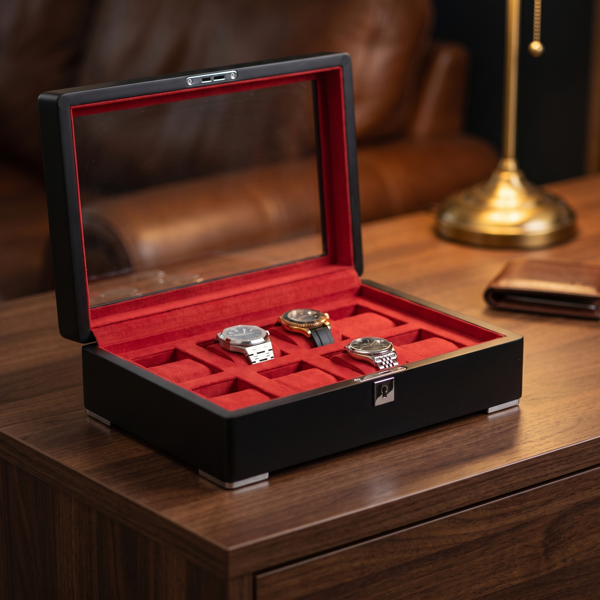 8 Slot Black Wooden Watch Box with Red Interior — lifestyle shot