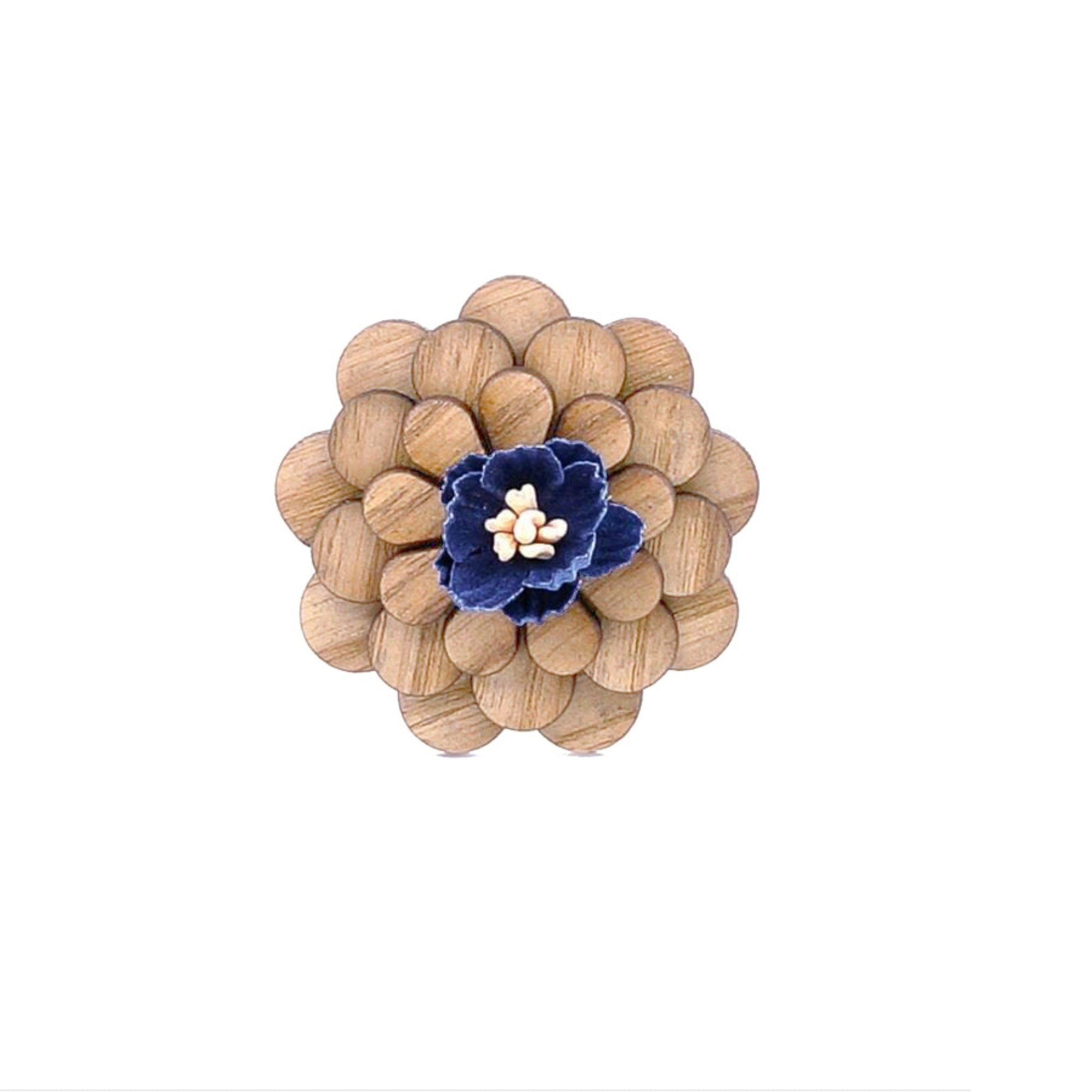 Wooden Blue Flower Lapel Pin