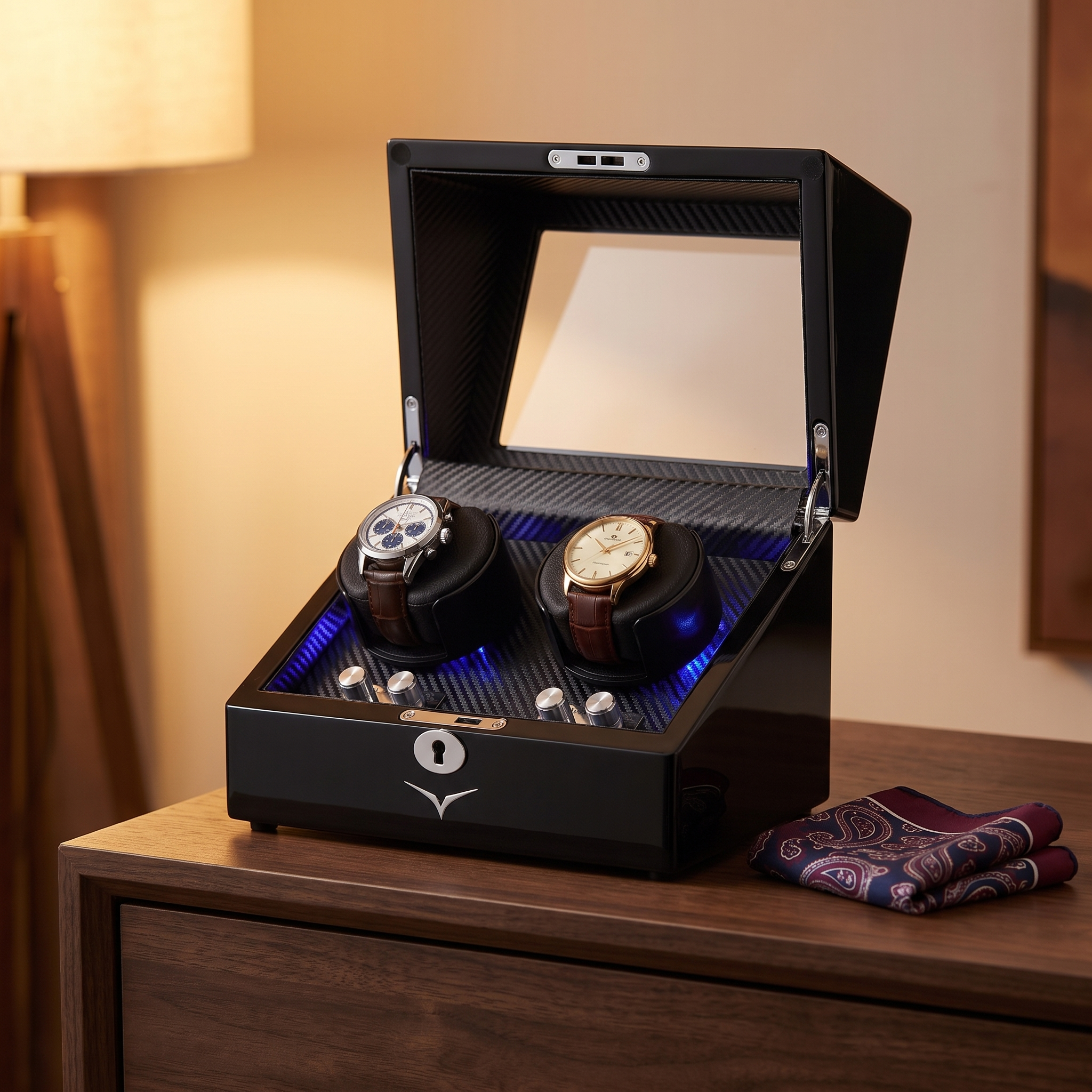 Waratah Black Carbon Fibre Watch Winder Box for 2 Watches — lifestyle shot