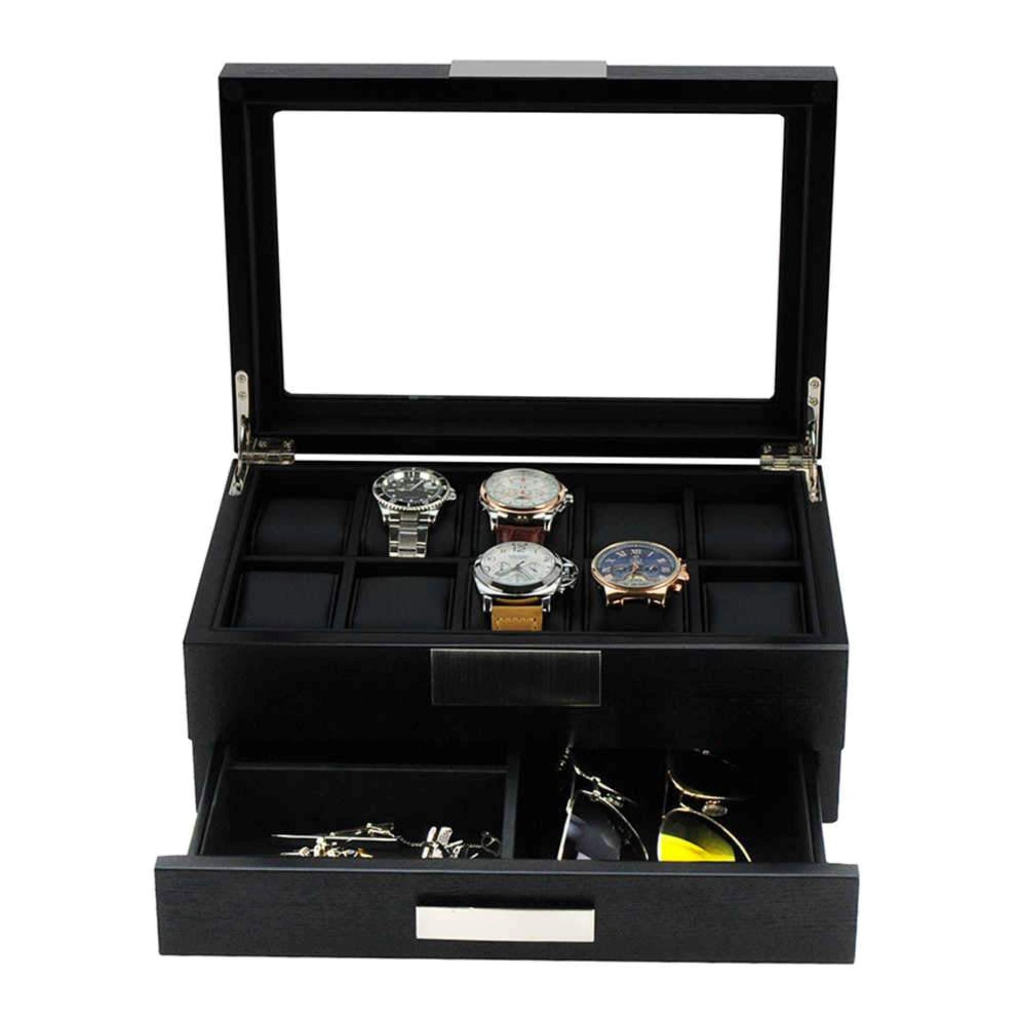 Seconds - Black Wooden Watch Box for 10 Watches with a Drawer Seconds Clinks 