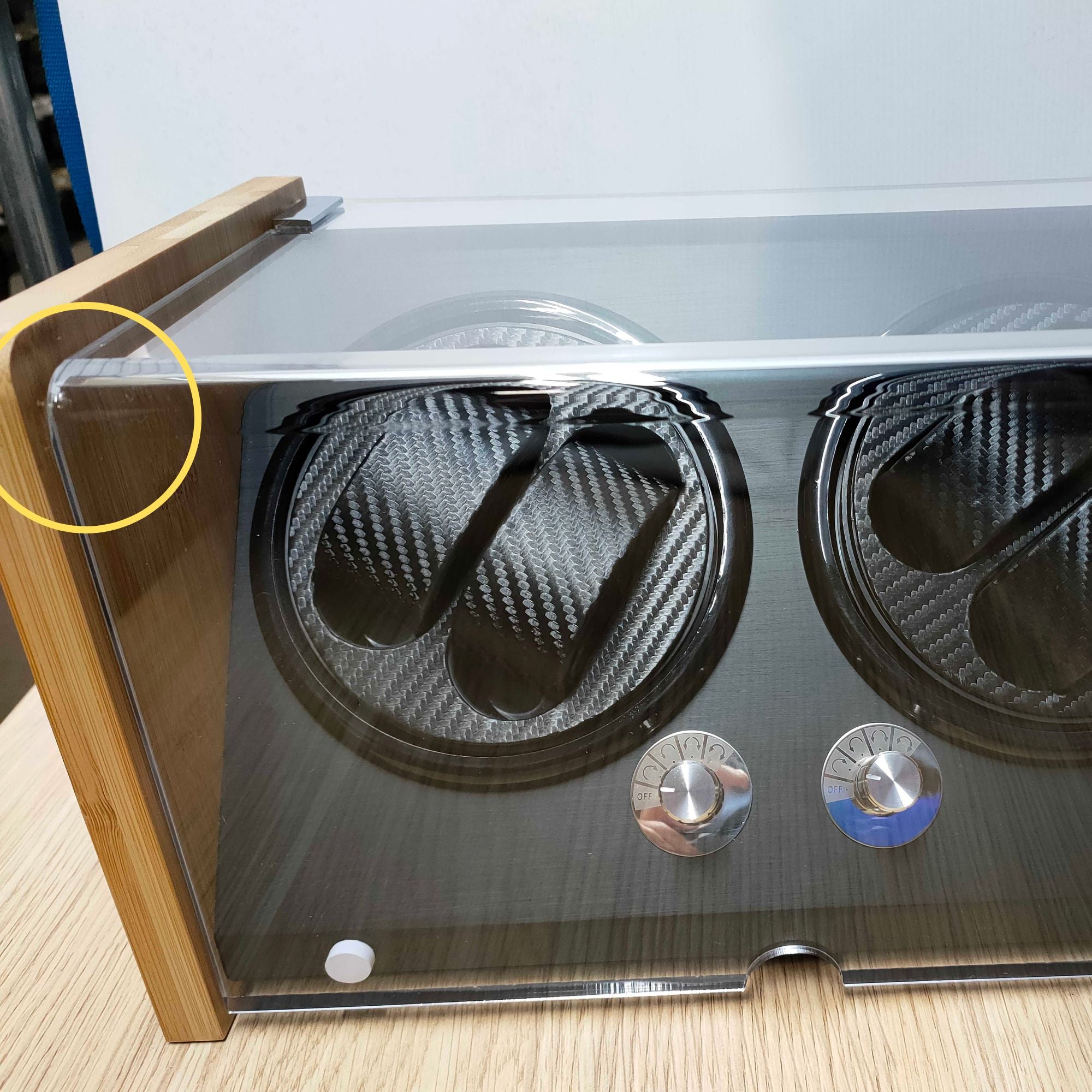 Seconds - BLAQ Bamboo/Black Watch Winder Box for 4 Watches (b) Seconds Clinks 