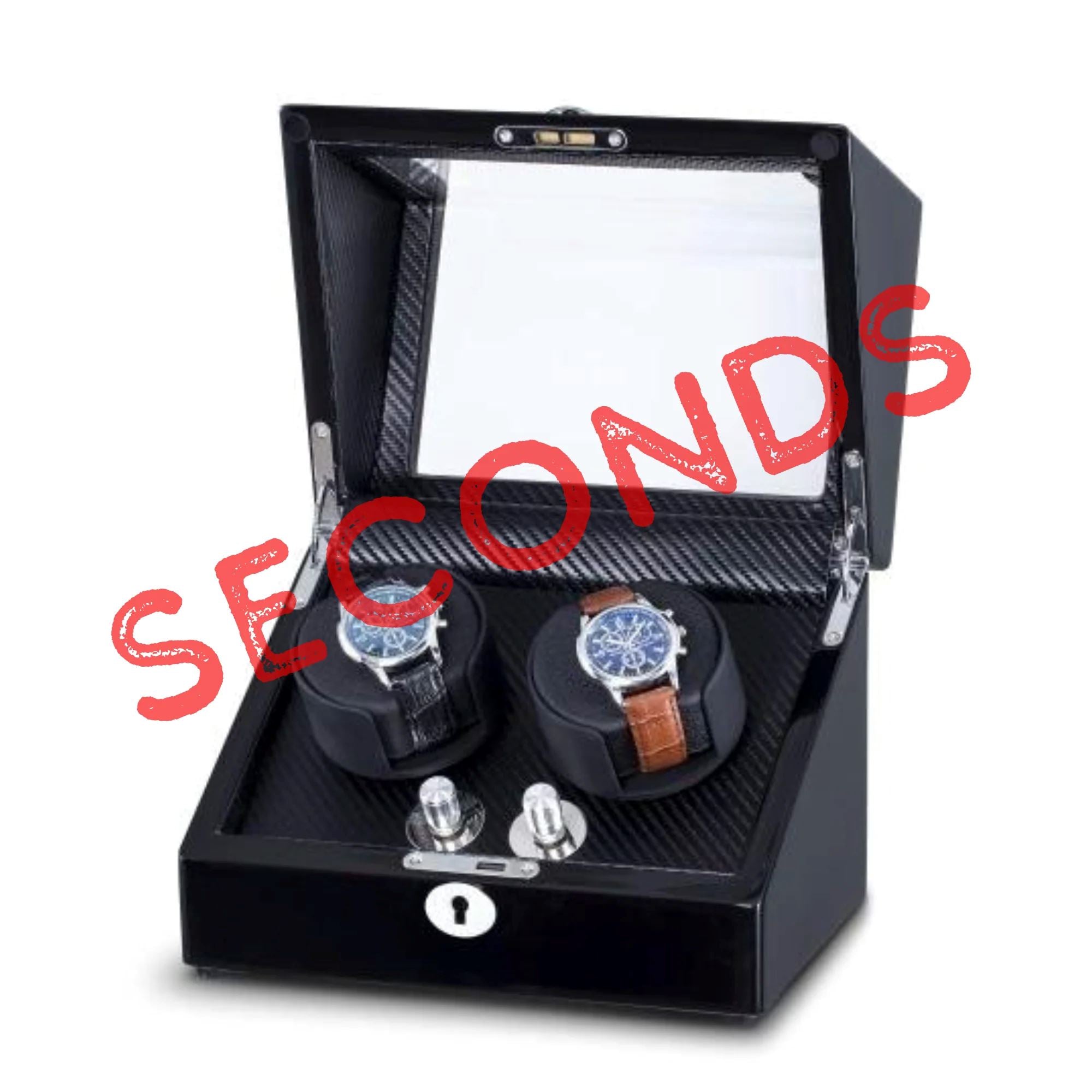 Seconds - Waratah Black Carbon Fibre Watch Winder Box for 2 Watches (d) Seconds Clinks 