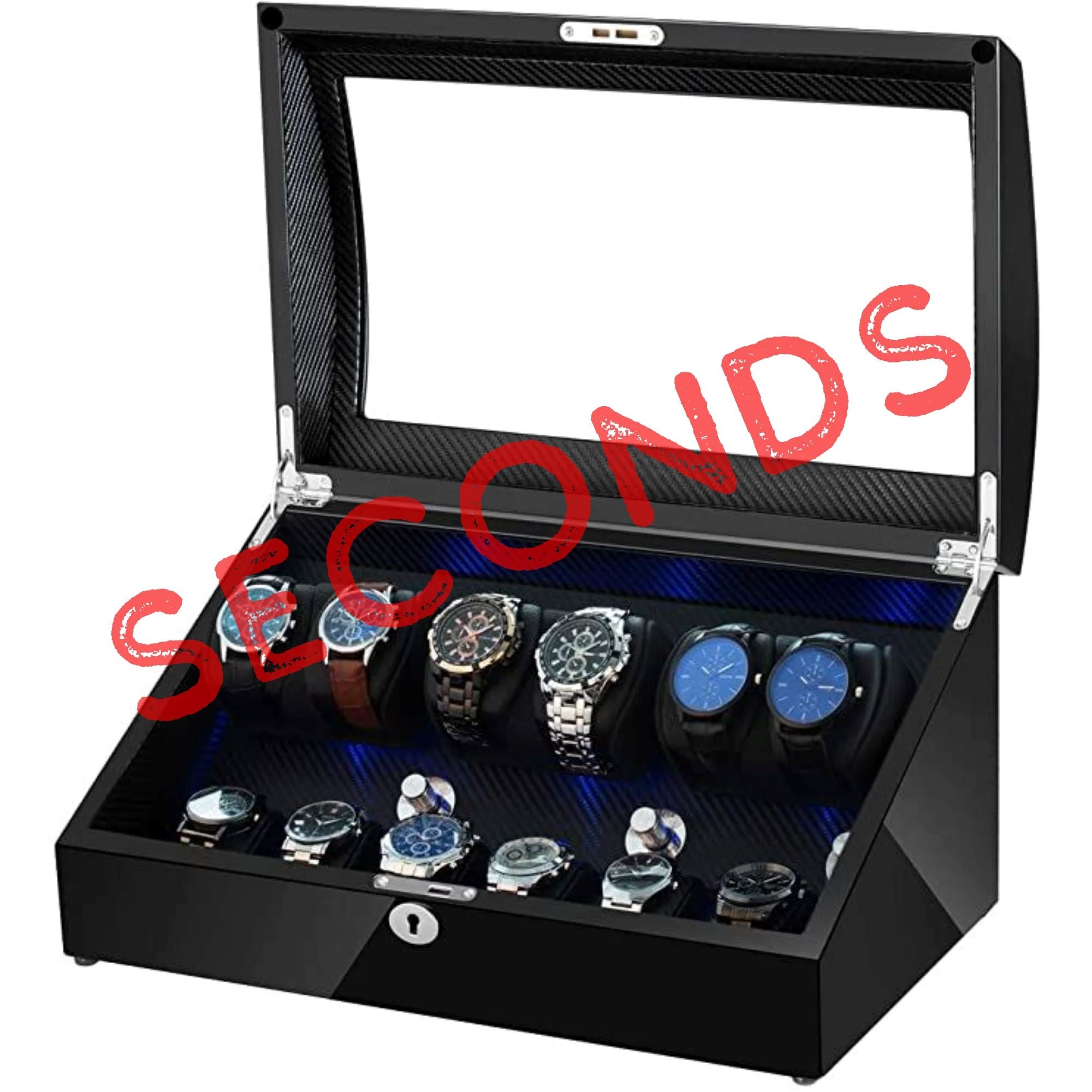 Seconds - Avoca Watch Winder Box 6 + 6 Watches in Black with Carbon Fibre Interior (d) Seconds Clinks 