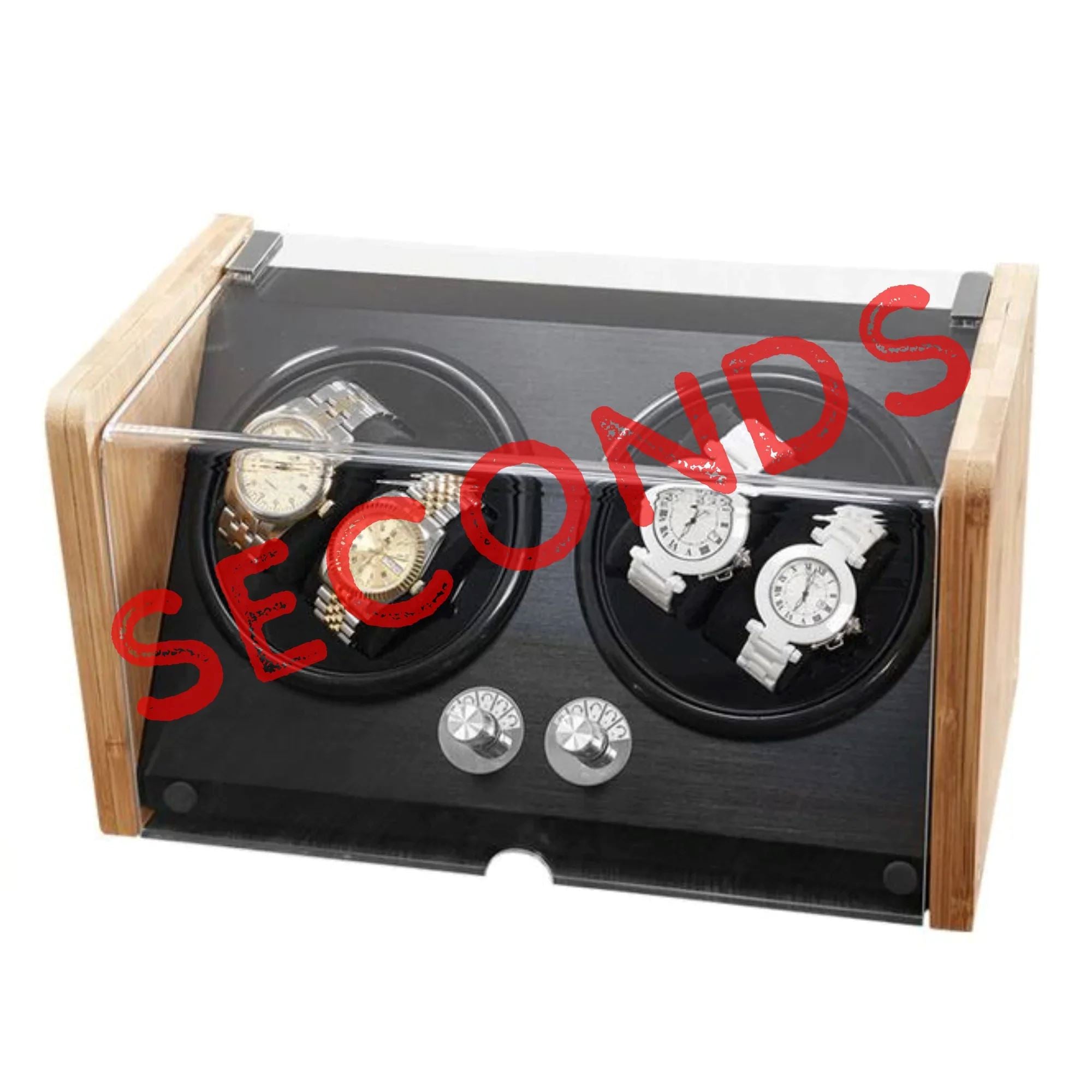 Seconds - BLAQ Bamboo/Black Watch Winder Box for 4 Watches (d) Seconds Clinks 