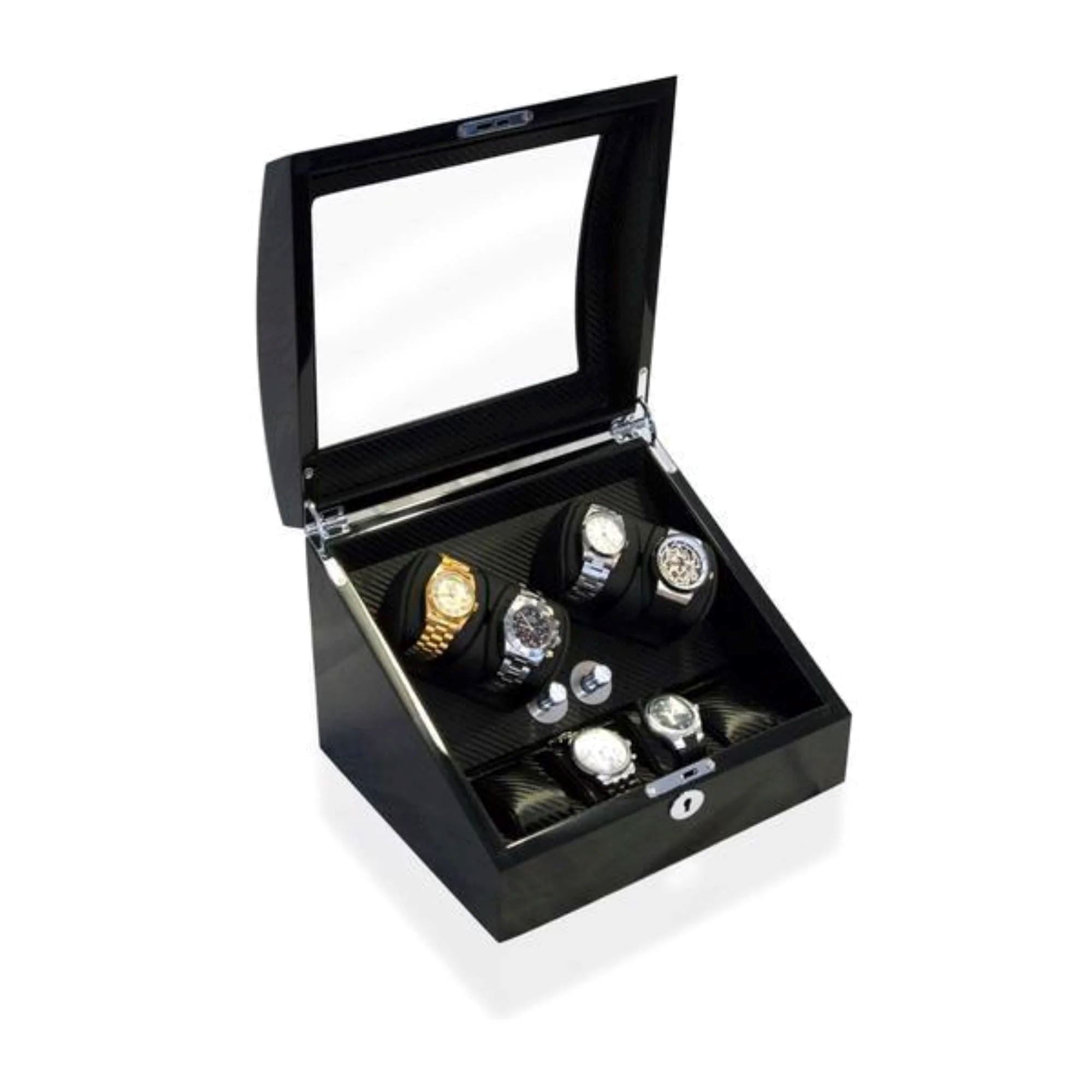Seconds - Avoca Watch Winder Box 4 + 4 Watches in Black - Carbon Fibre Interior (c) Seconds Clinks 