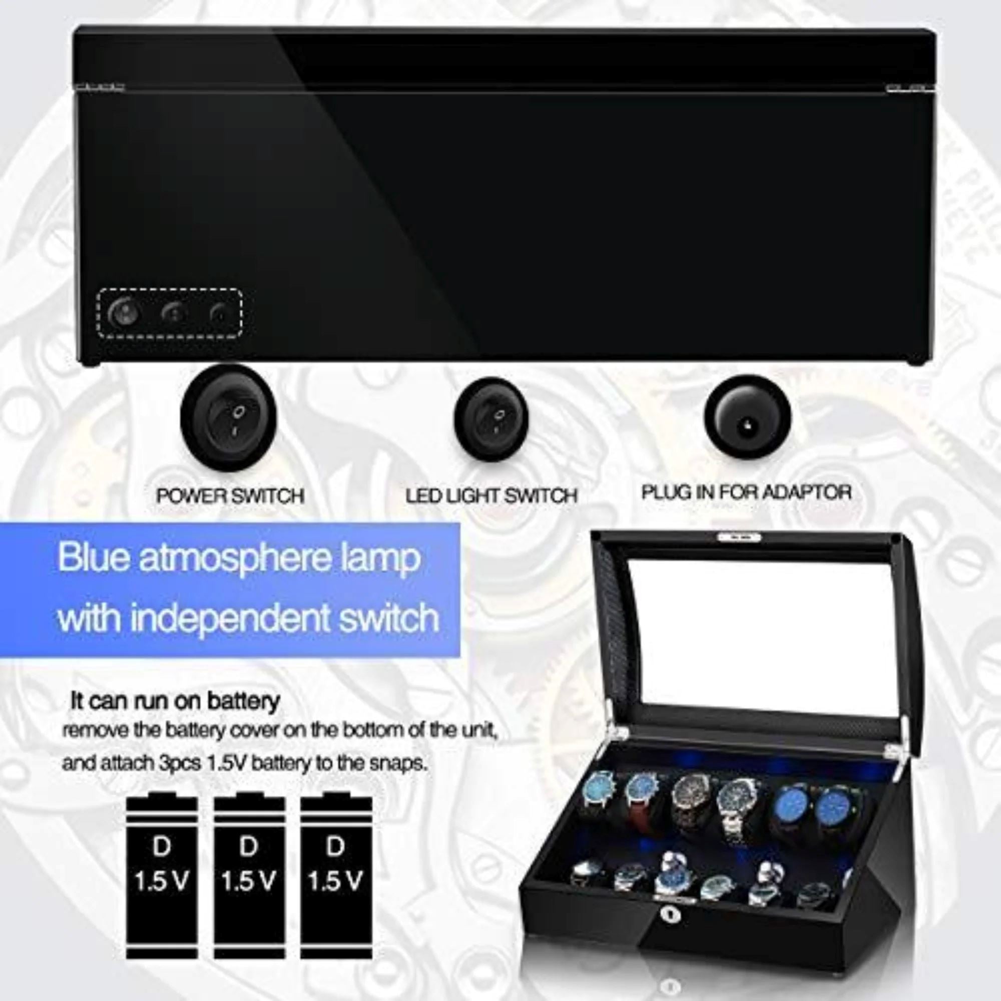 Seconds - Avoca Watch Winder Box 6 + 6 Watches in Black with Carbon Fibre Interior (e) Seconds Clinks 