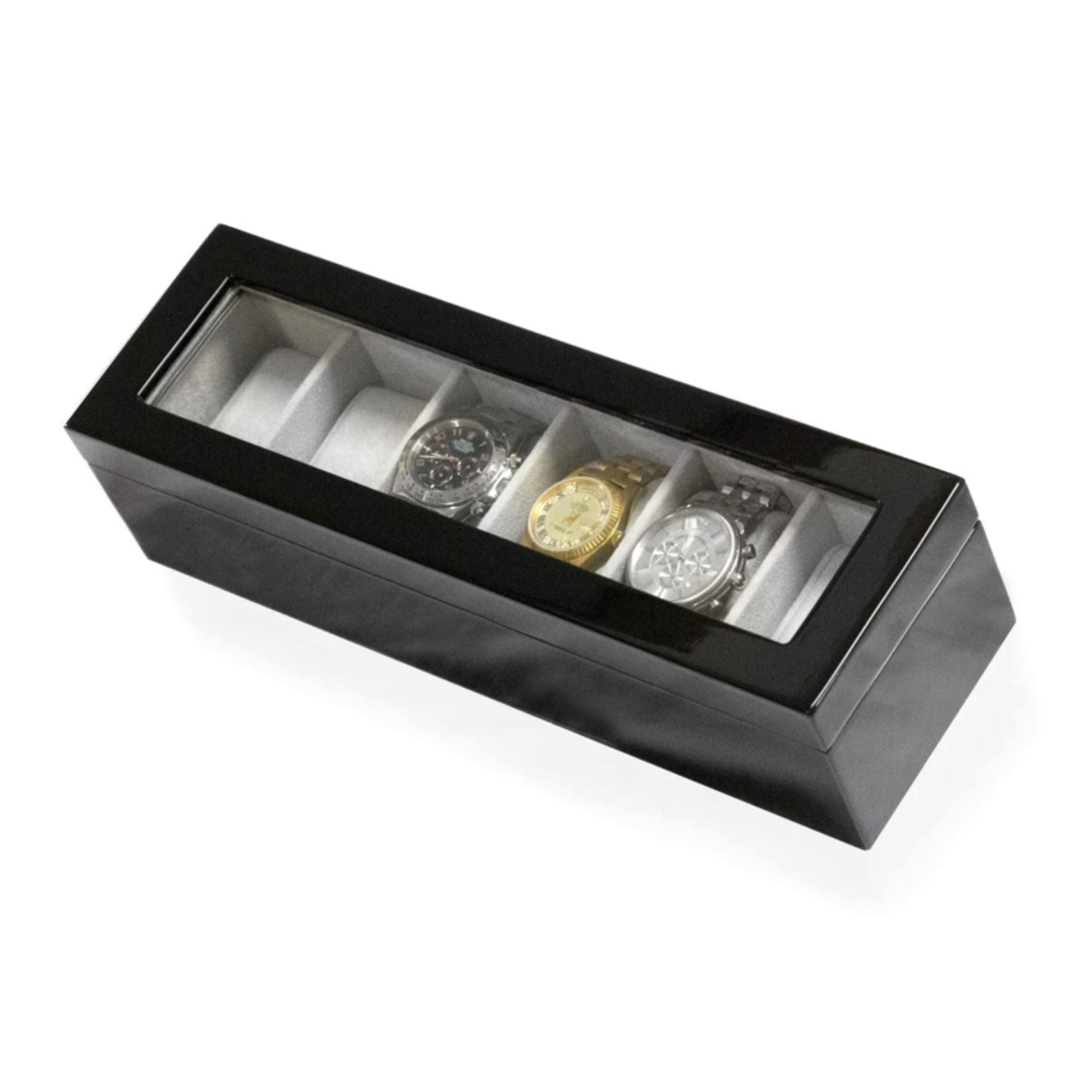 Seconds - Long Watch Box with Glass Top 6 Compartments Black Seconds Clinks 