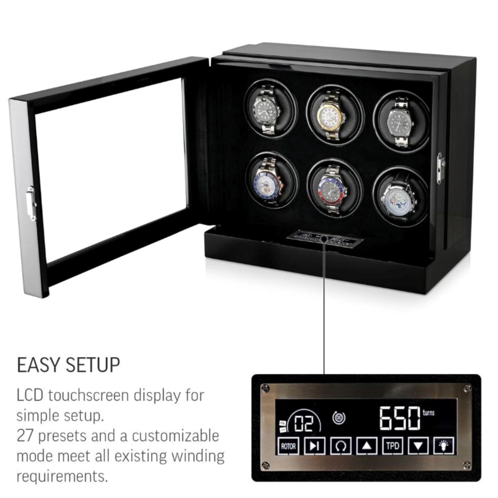 Seconds - Sydney Watch Winder Box for 6 Watches in Black (h) Seconds Clinks 