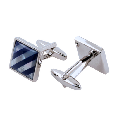 Navy Blue Diagonal Stripes on Mother of Pearl Cufflinks