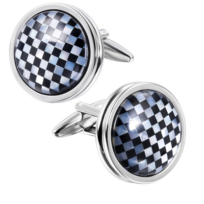 Mother of Pearl and Black Checkerboard in Round Silver Cufflinks