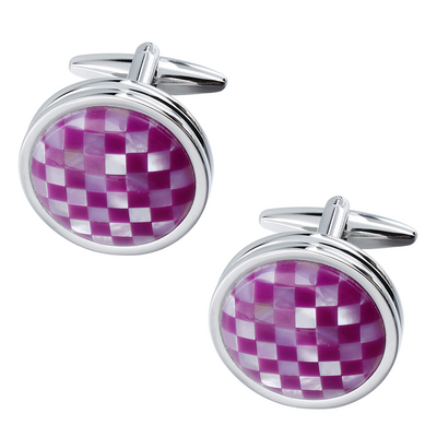 Mother of Pearl and Purple Checkerboard in Round Silver Cufflinks