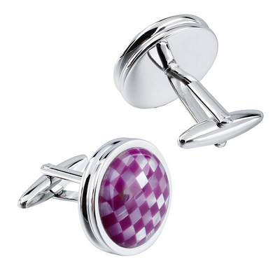 Mother of Pearl and Purple Checkerboard in Round Silver Cufflinks